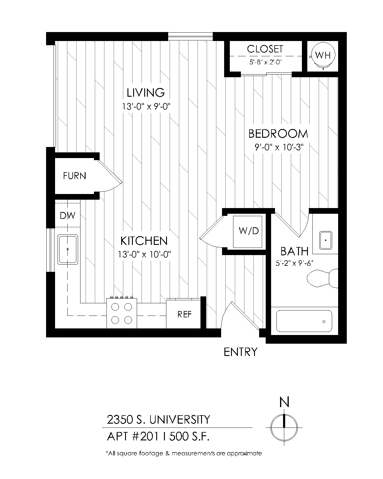 Floor plan for studio, 1 bath, 500 sqft